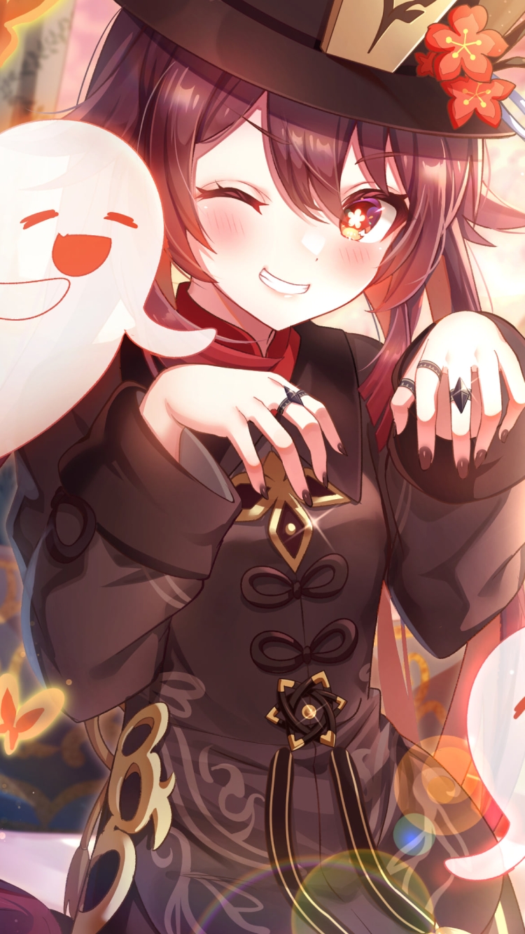 笑顔でウィンクする胡桃 / 梅の花 / 紅葉 / お化け / オレンジの蝶 / 原神の750 x 1334 / スマホ壁紙