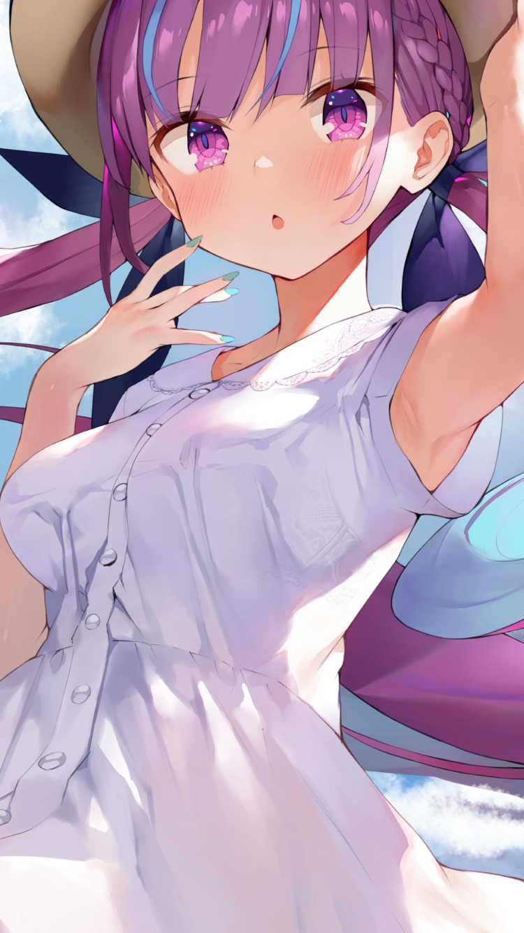 入道雲と麦わら帽子をおさえる可愛い湊あくあ / ホロライブ / バーチャルYouTuber / Vtuberの750 x 1334 / スマホ壁紙