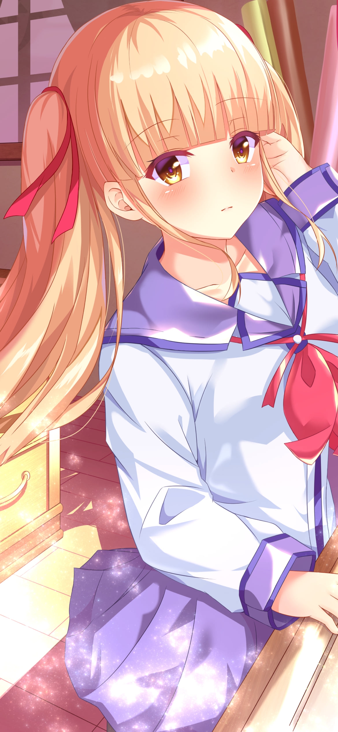 制服を着た可愛い遊佐 / 窓際 / 金髪 / 赤いリボン / エンジェル ビーツ!の1170 x 2532 / スマホ壁紙