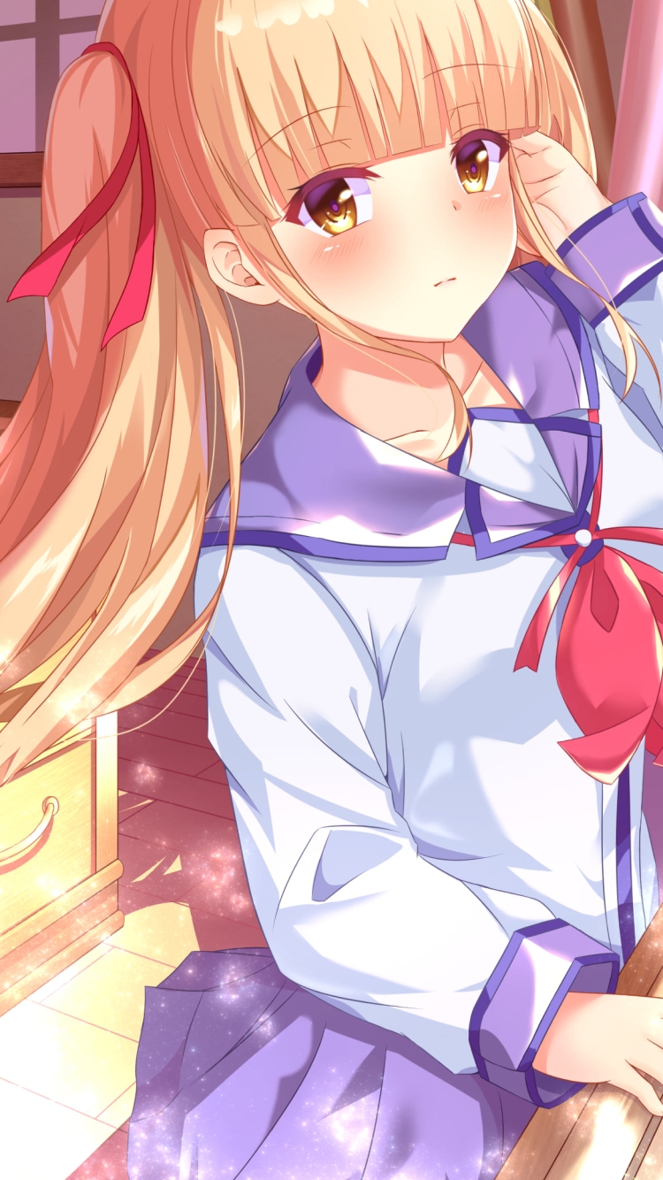 制服を着た可愛い遊佐 / 窓際 / 金髪 / 赤いリボン / エンジェル ビーツ!の750 x 1334 / スマホ壁紙