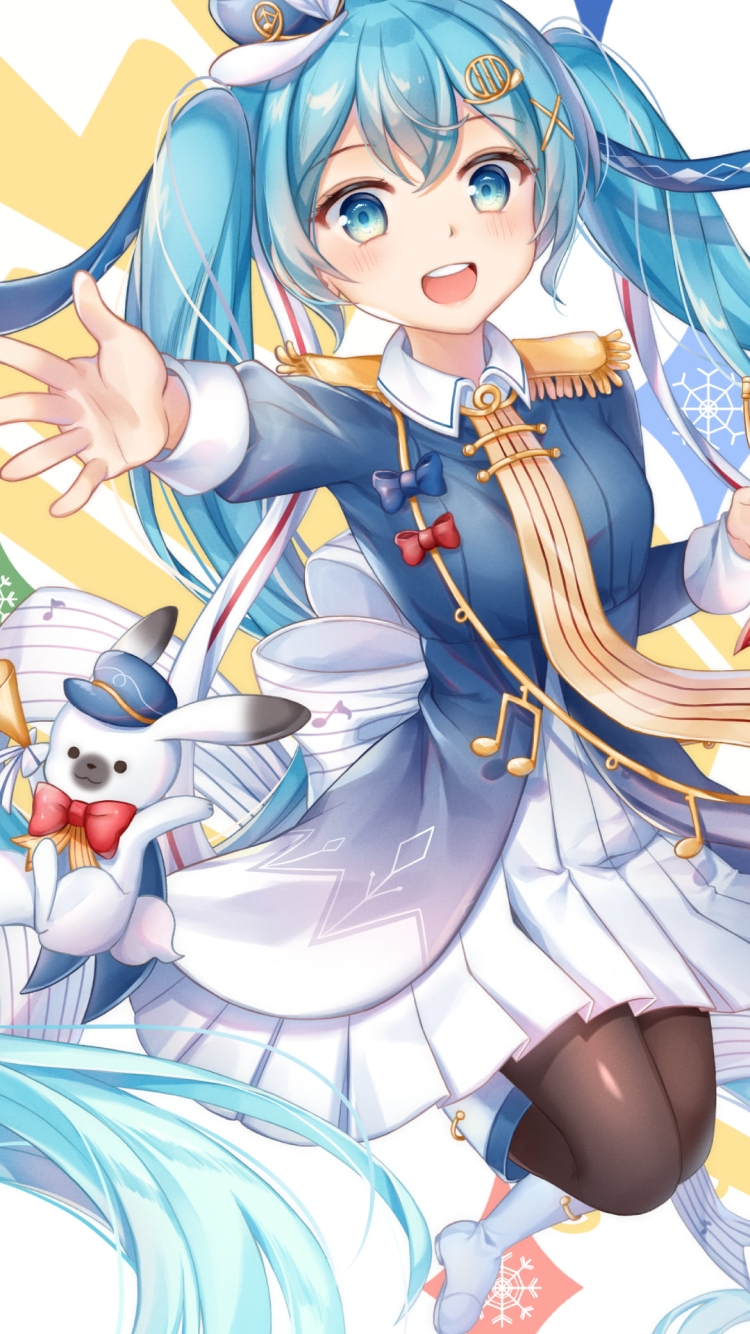 ジャンプする雪ミクとラビット・ユキネ / 初音ミク / ボカロ / ボーカロイドの750 x 1334 / スマホ壁紙