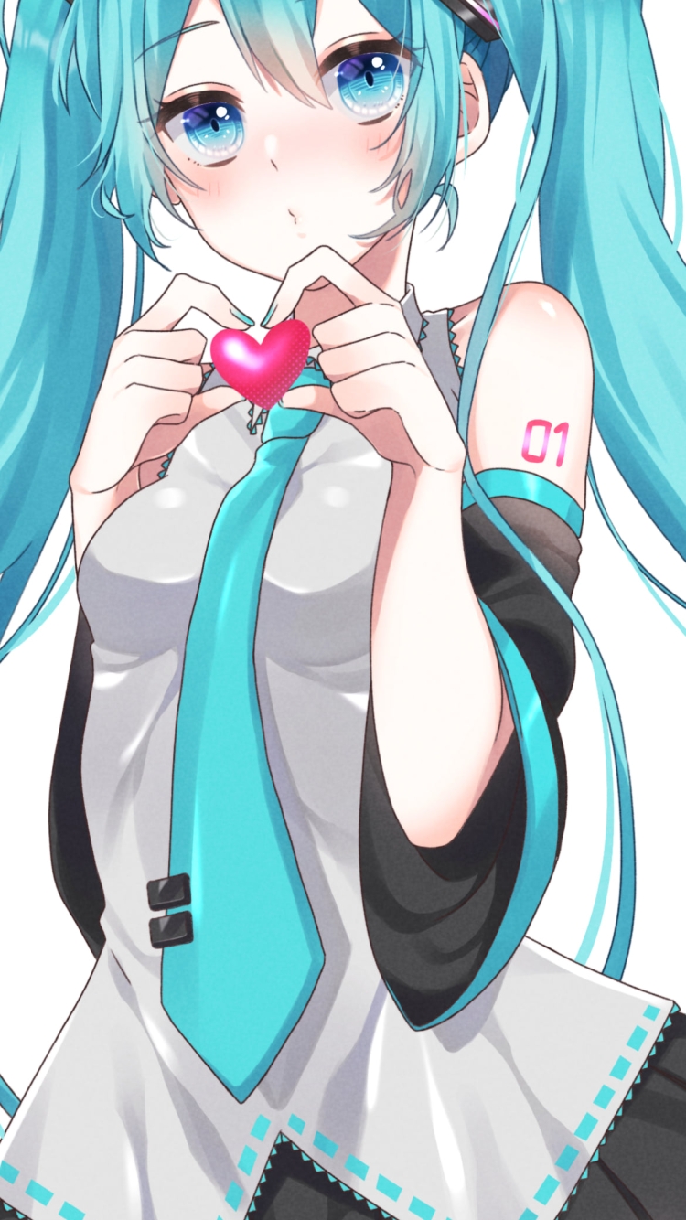小さなピンクのハートを持つ初音ミク / ボカロ / ボーカロイドの750 x 1334 / スマホ壁紙