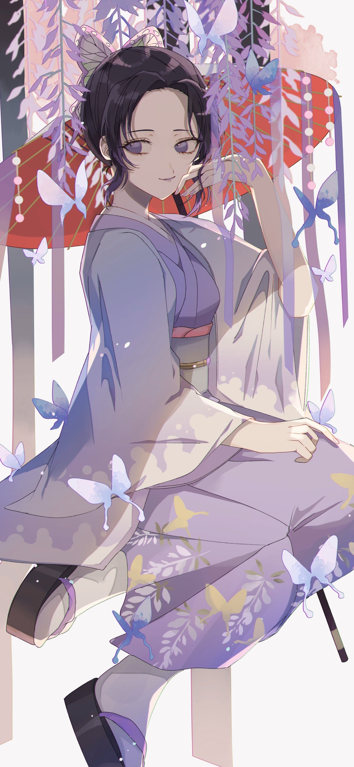 藤の花と蝶に囲まれる胡蝶しのぶ / 鬼滅の刃の1170 x 2532 / スマホ壁紙
