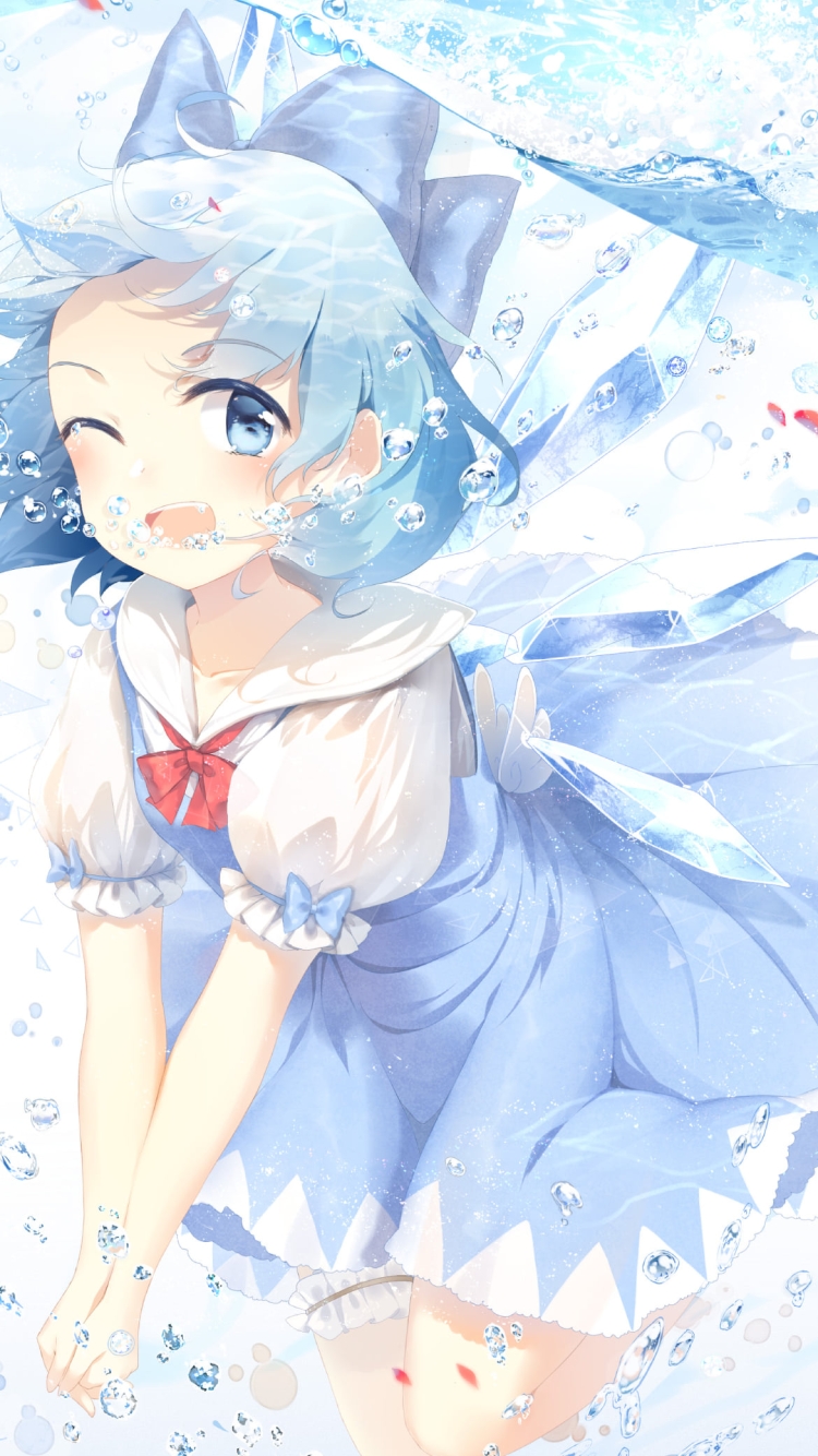 水の中でウィンクするチルノ / 東方の750 x 1334 / スマホ壁紙