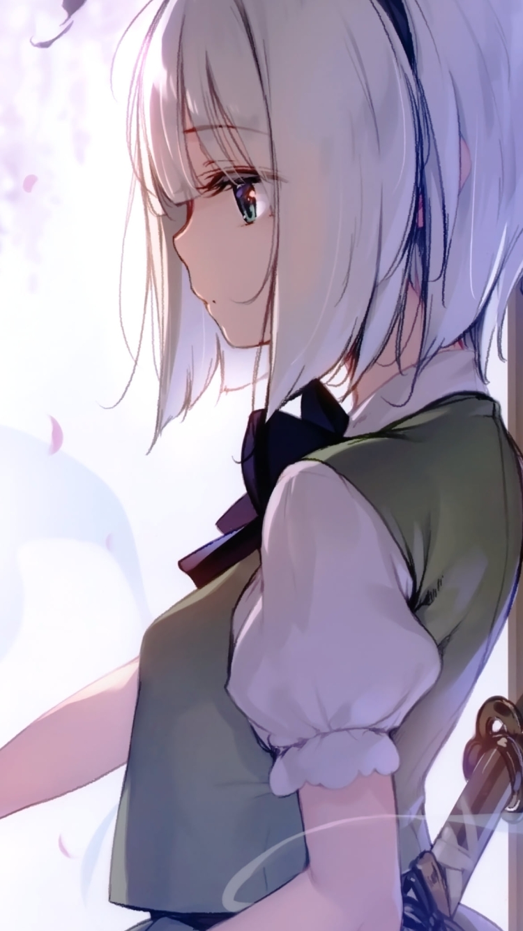 剣を鞘から抜く魂魄妖夢 / 東方の750 x 1334 / スマホ壁紙