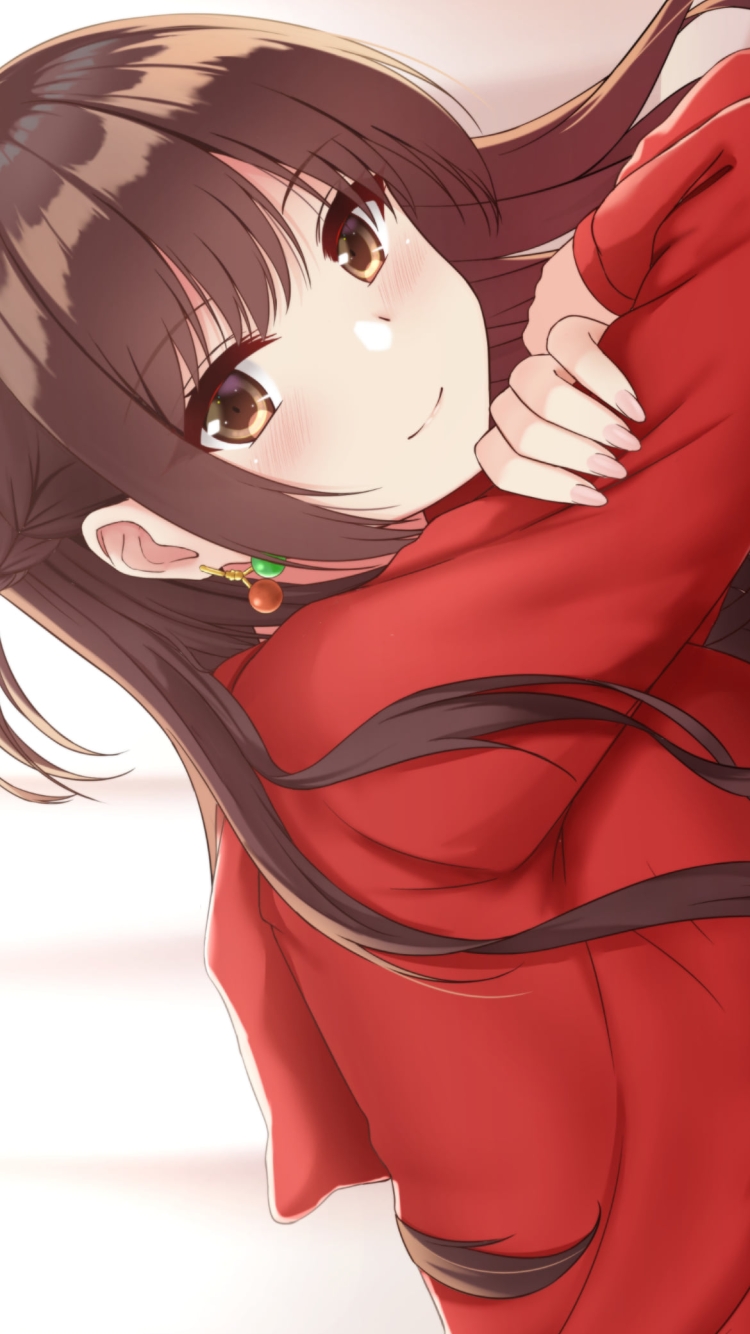 こちらを見つめる赤い服を着た可愛い水原千鶴 / 彼女、お借りしますの750 x 1334 / スマホ壁紙