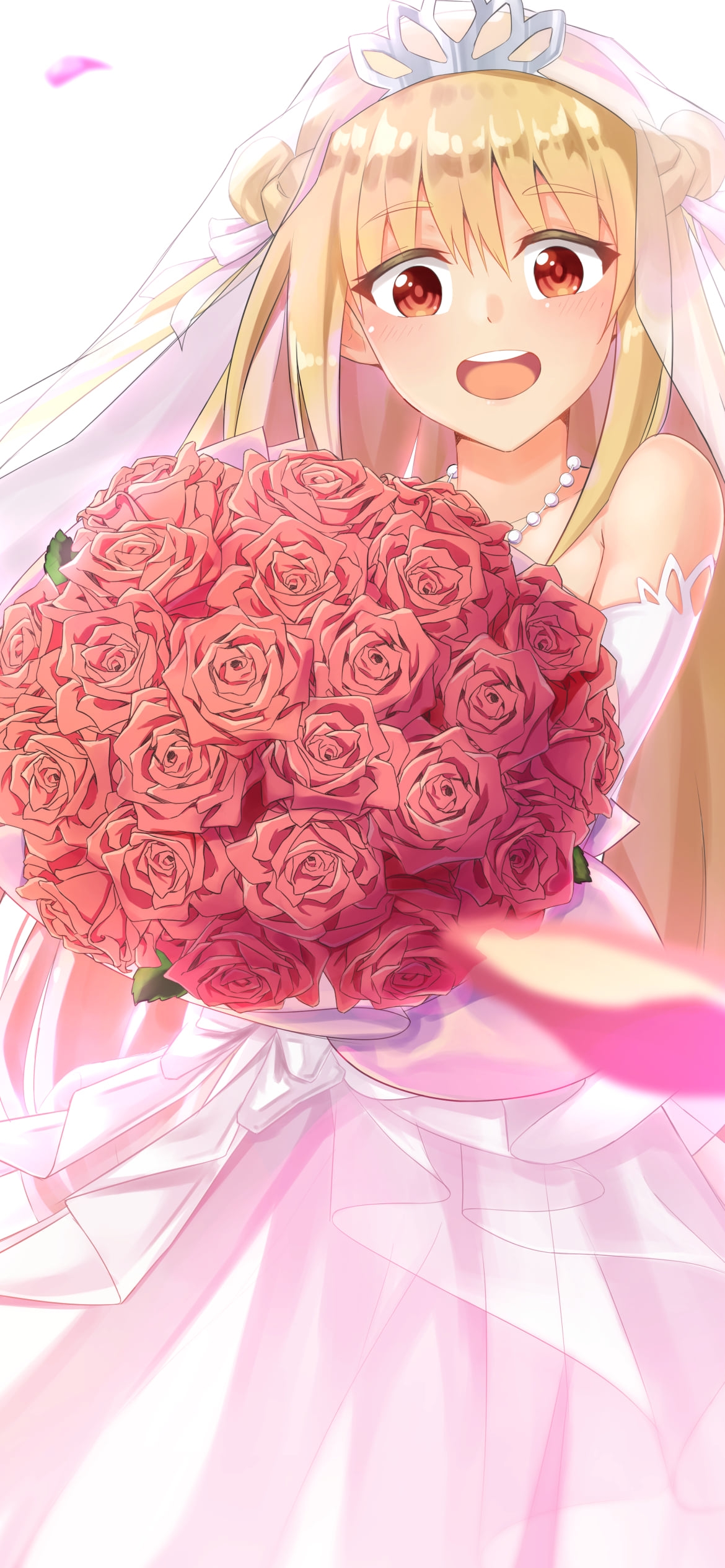 赤い薔薇の花束を持つ花嫁姿のメリダ=アンジェル / アサシンズプライドの1170 x 2532 / スマホ壁紙