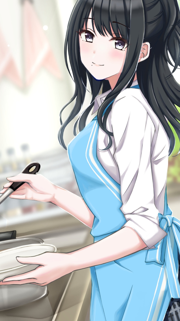 シチューを作る風野 灯織 (かざの ひおり) / 青いエプロン / アイドルマスターシャイニーカラーズの750 x 1334 / スマホ壁紙