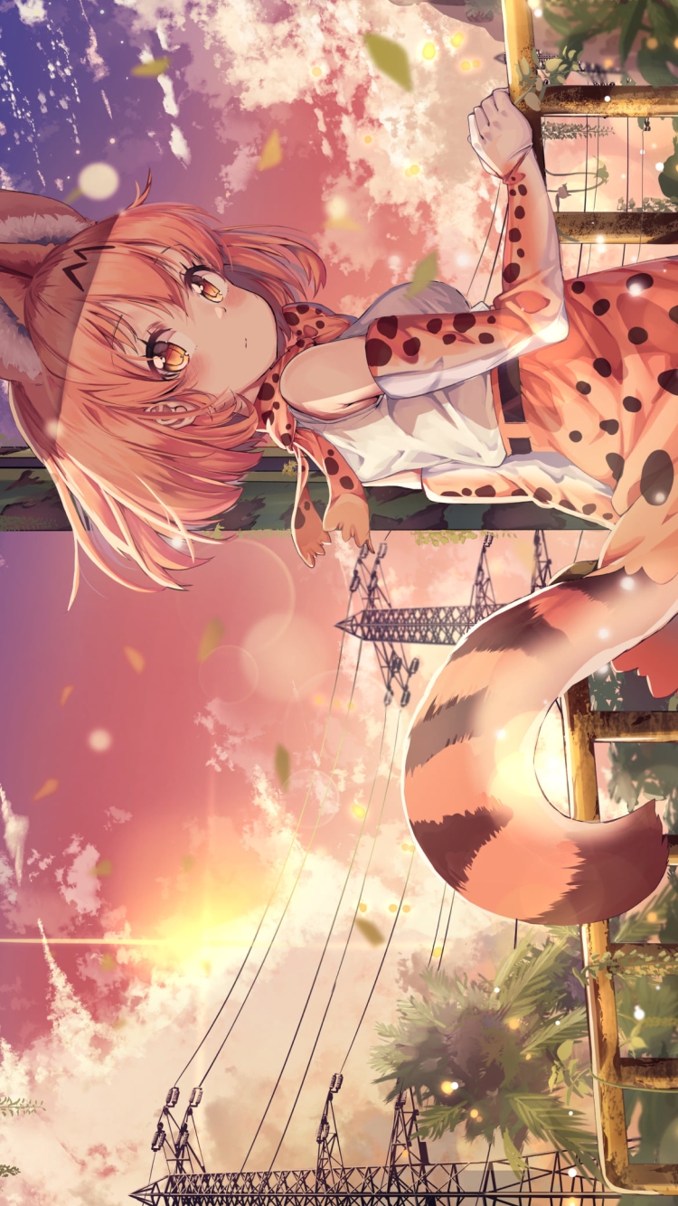 手摺を持ってふりかえるサーバル / けものフレンズの750 x 1334 / スマホ壁紙