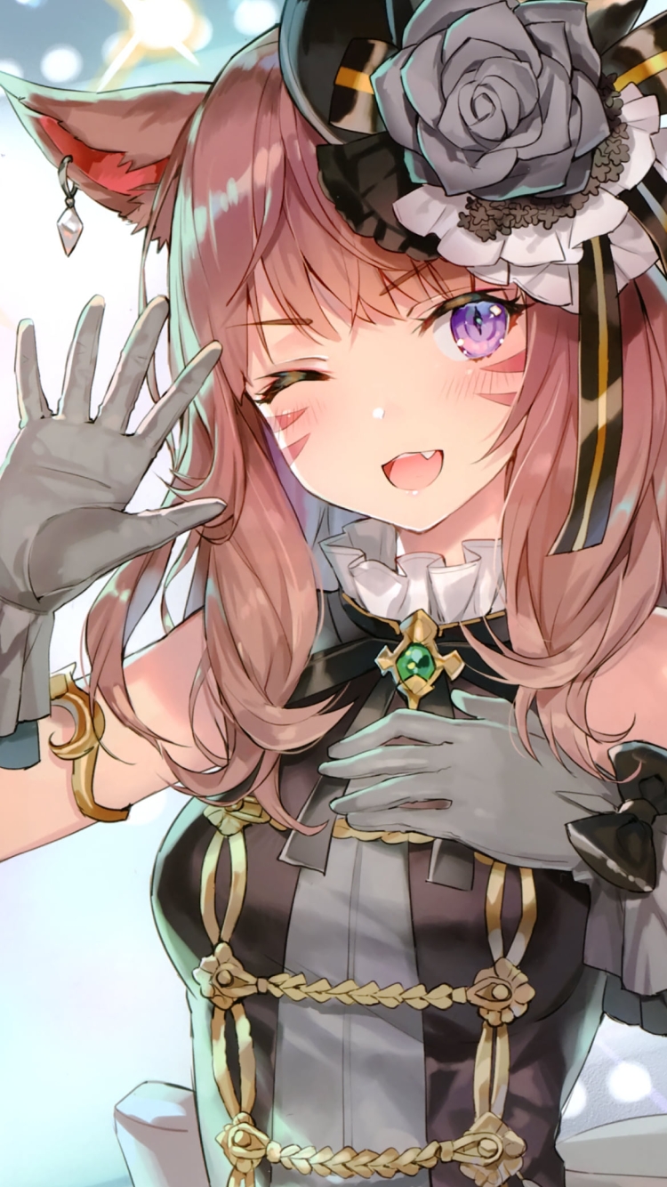 手を振りウィンクする可愛いミコッテ / ファイナルファンタジー14の750 x 1334 / スマホ壁紙