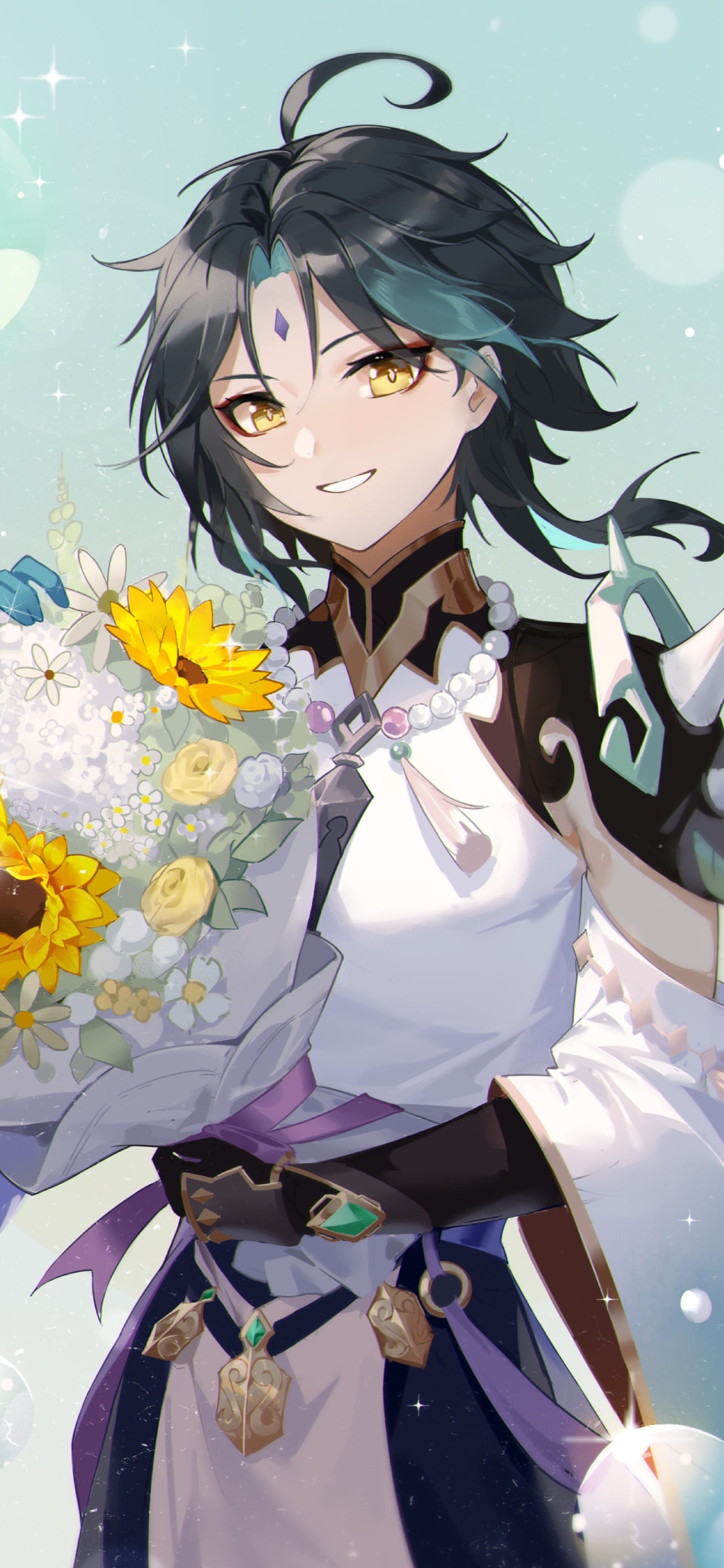 黄色い向日葵の花束と笑顔の魈 / 原神の1170 x 2532 / スマホ壁紙