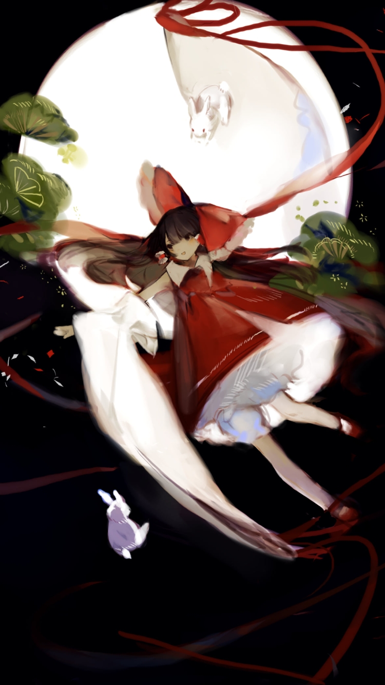 白い兎と満月と博麗霊夢 / 東方の750 x 1334 / スマホ壁紙