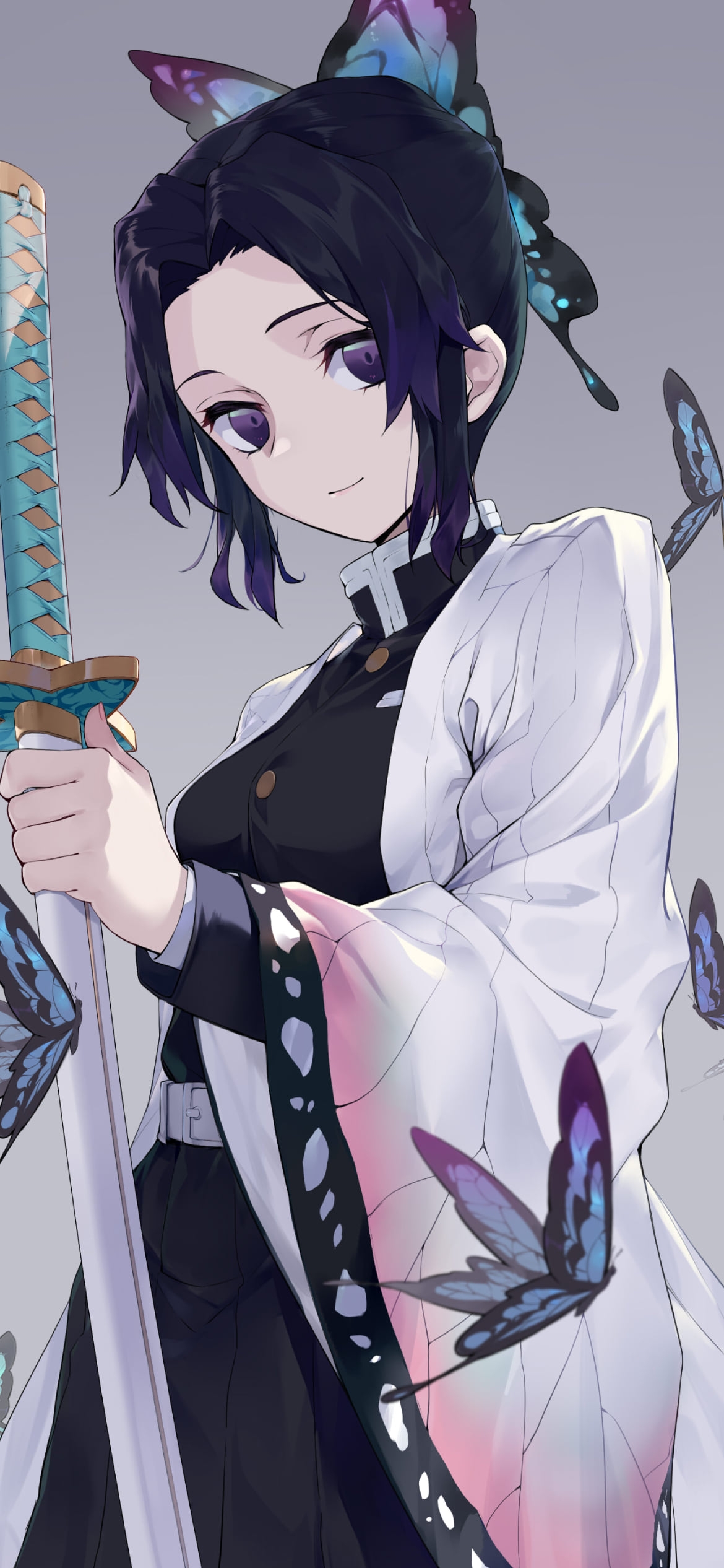 白と緑の刀を持つ胡蝶しのぶ / 綺麗 / 青と緑の蝶 / 鬼滅の刃の1170 x 2532 / スマホ壁紙