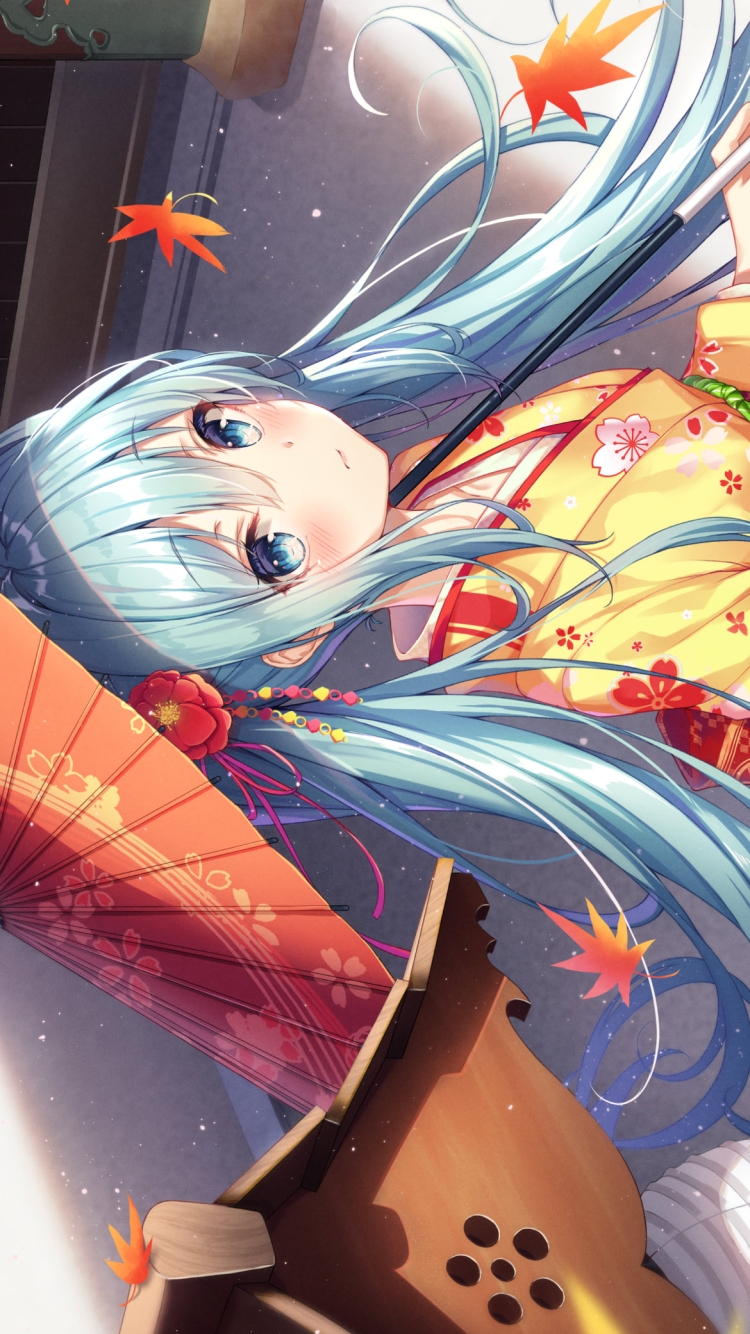 赤い和傘を持つ黄色い着物を着た可愛い初音ミク / ボカロ / ボーカロイドの750 x 1334 / スマホ壁紙