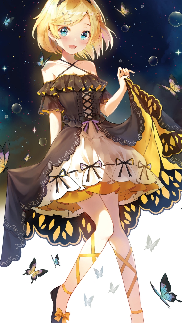 宇宙と鏡音リン / 黄色と青の蝶 / 星空 / ボカロ / ボーカロイドの750 x 1334 / スマホ壁紙