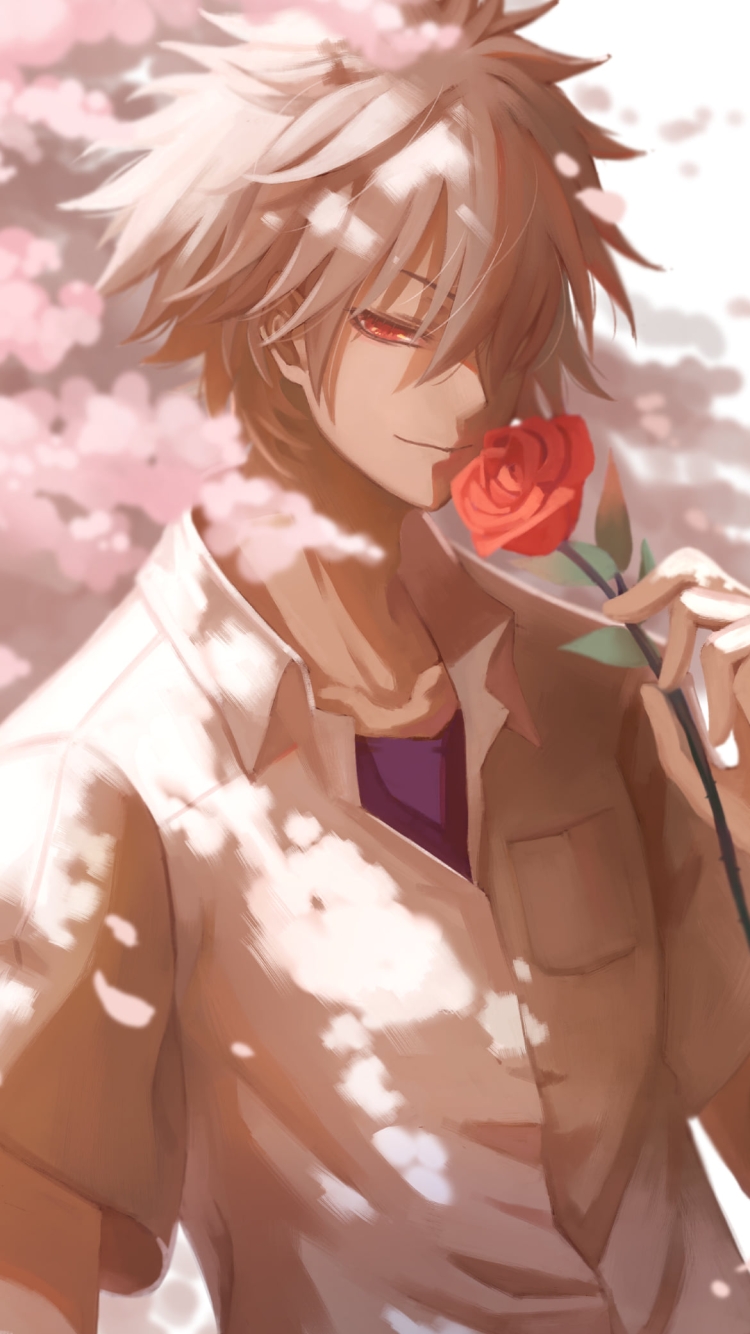 赤い薔薇を持つかっこいい渚カヲル / 桜の花 / 新世紀エヴァンゲリオンの750 x 1334 / スマホ壁紙