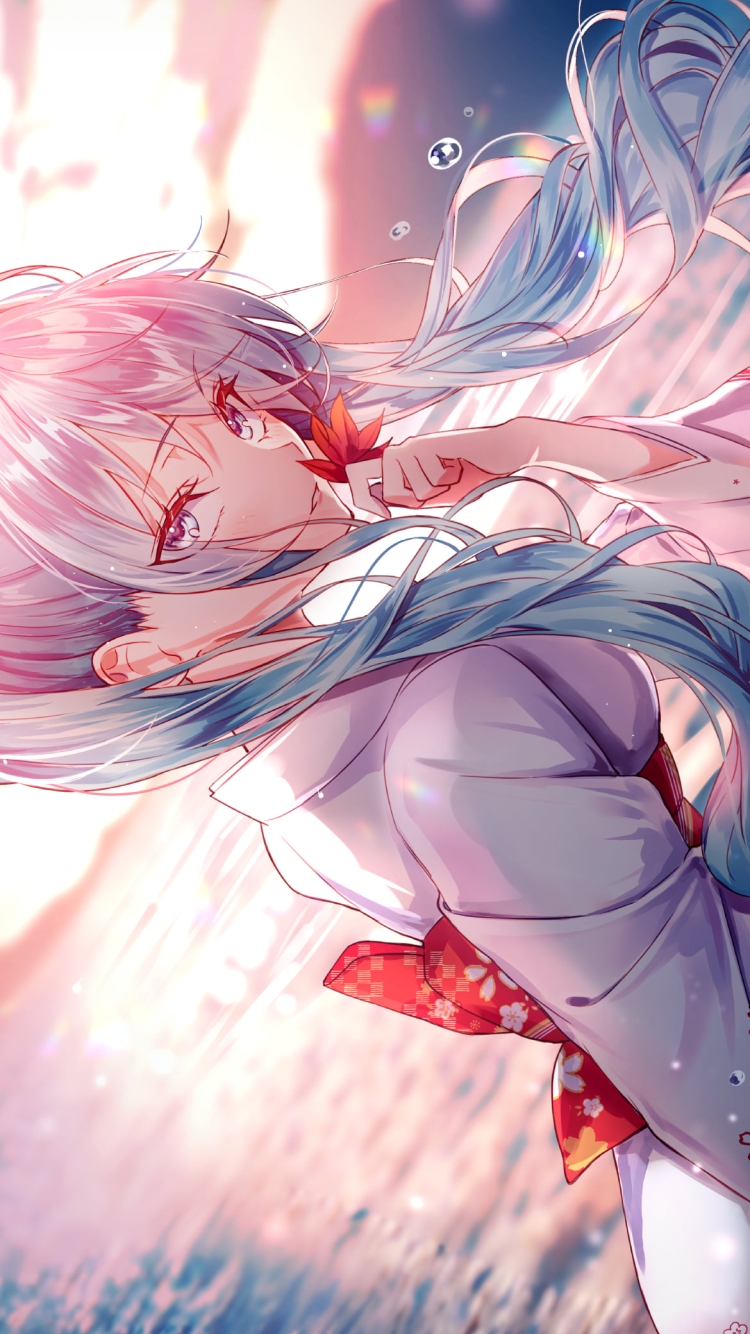 白い着物を着た綺麗な初音ミク / 海 / 紅葉 / ボカロ / ボーカロイドの750 x 1334 / スマホ壁紙