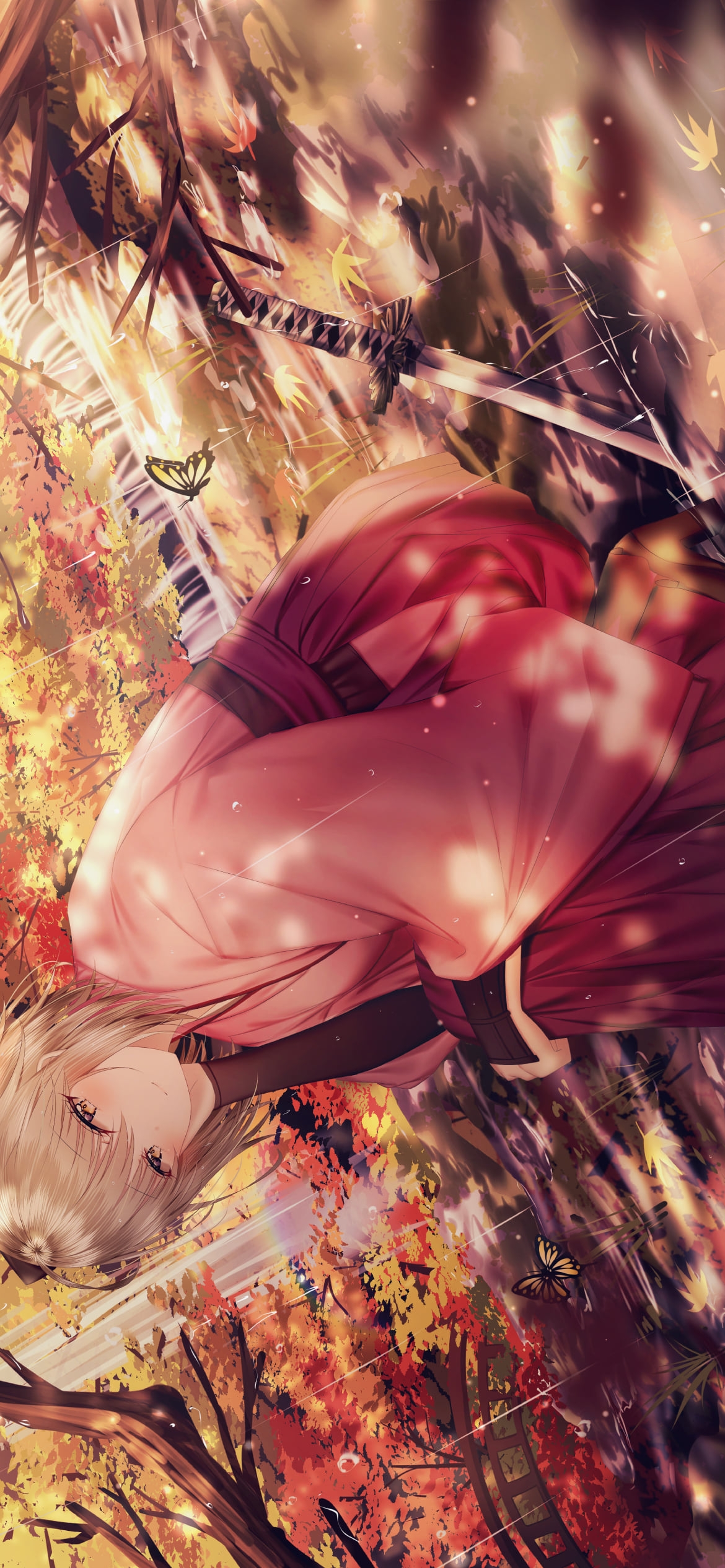 雨が降る秋の森の中、しゃがむ沖田総司 / 紅葉 / Fate/grand orderの1170 x 2532 / スマホ壁紙