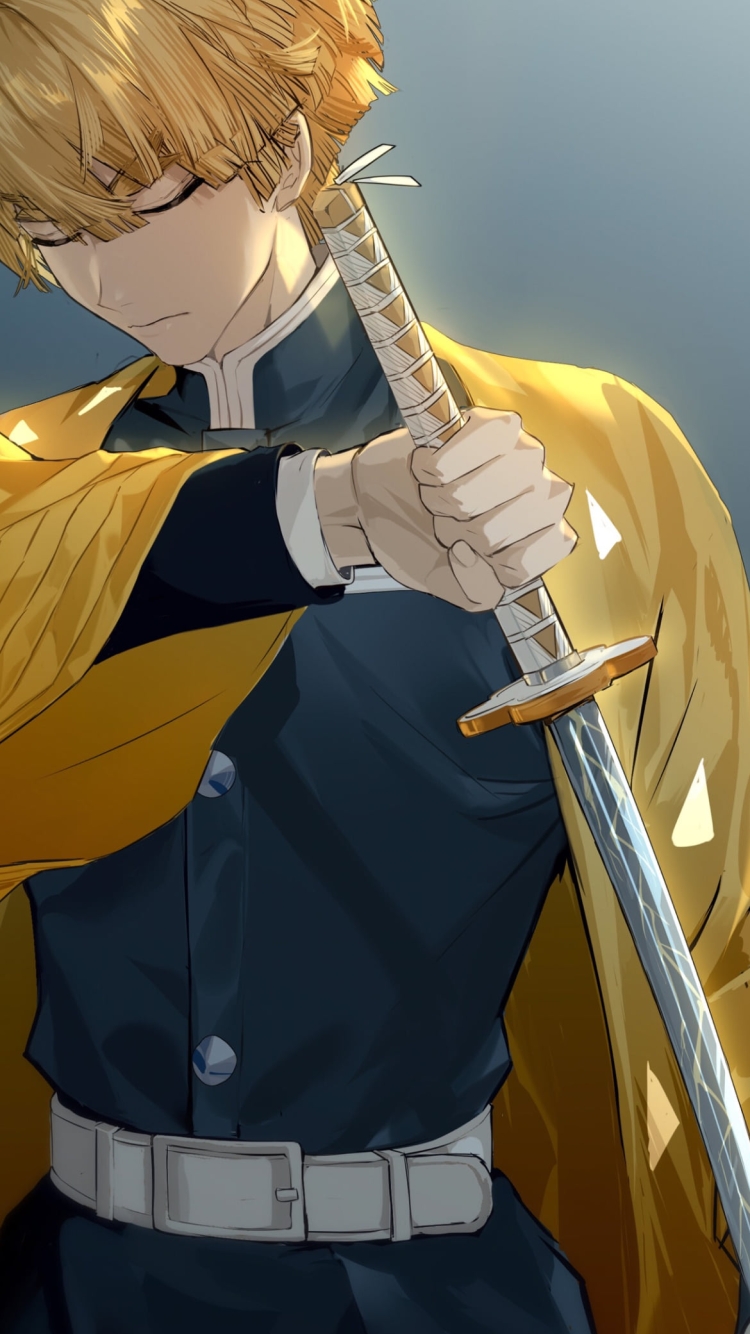 目をつぶりながら抜刀する我妻善逸 / 黄色い羽織 / 鬼滅の刃の750 x 1334 / スマホ壁紙