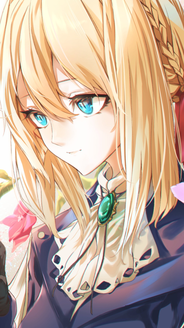 ピンクの花と可愛いヴァイオレット・エヴァーガーデンの750 x 1334 / スマホ壁紙