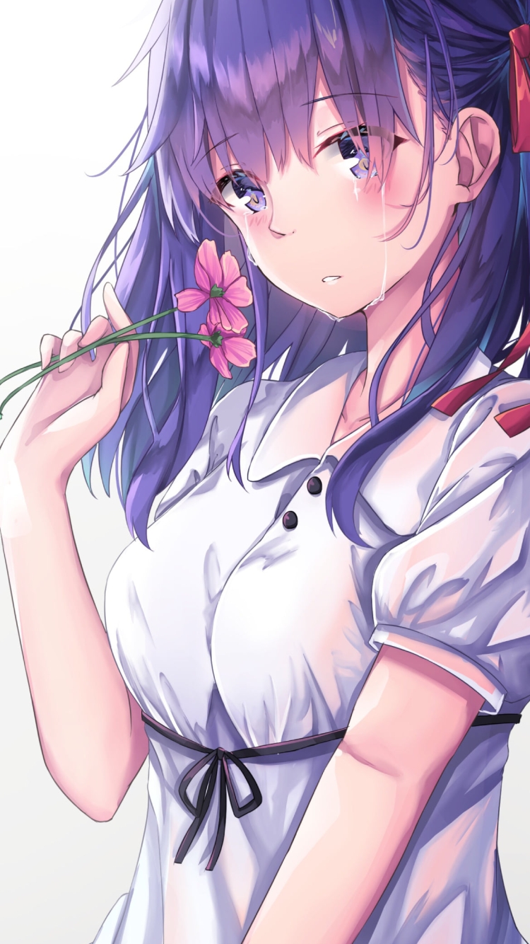 ピンクの花を持って泣いている間桐桜(まとう さくら) / フェイト/ステイナイトの750 x 1334 / スマホ壁紙