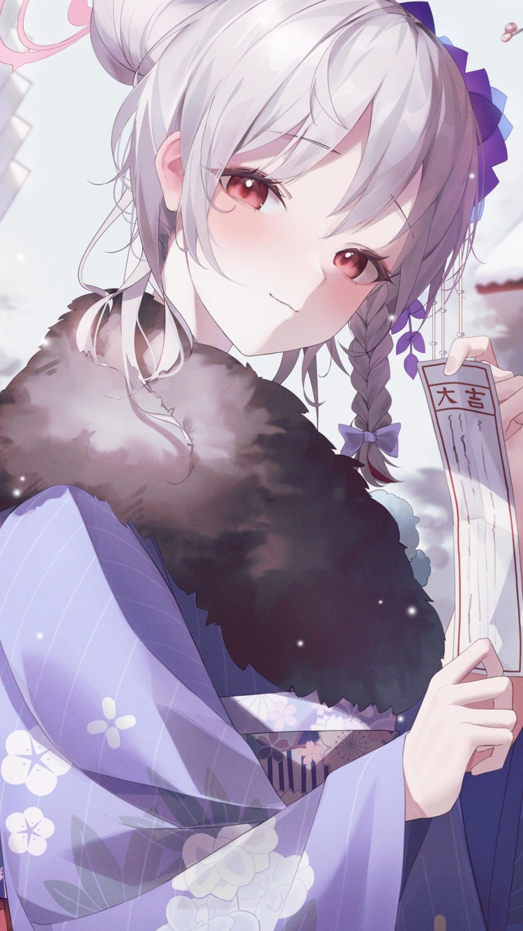 大吉のおみくじを持つ黒舘ハルナ / 紫の着物 / お参り / ブルアカ / ブルーアーカイブの750 x 1334 / スマホ壁紙