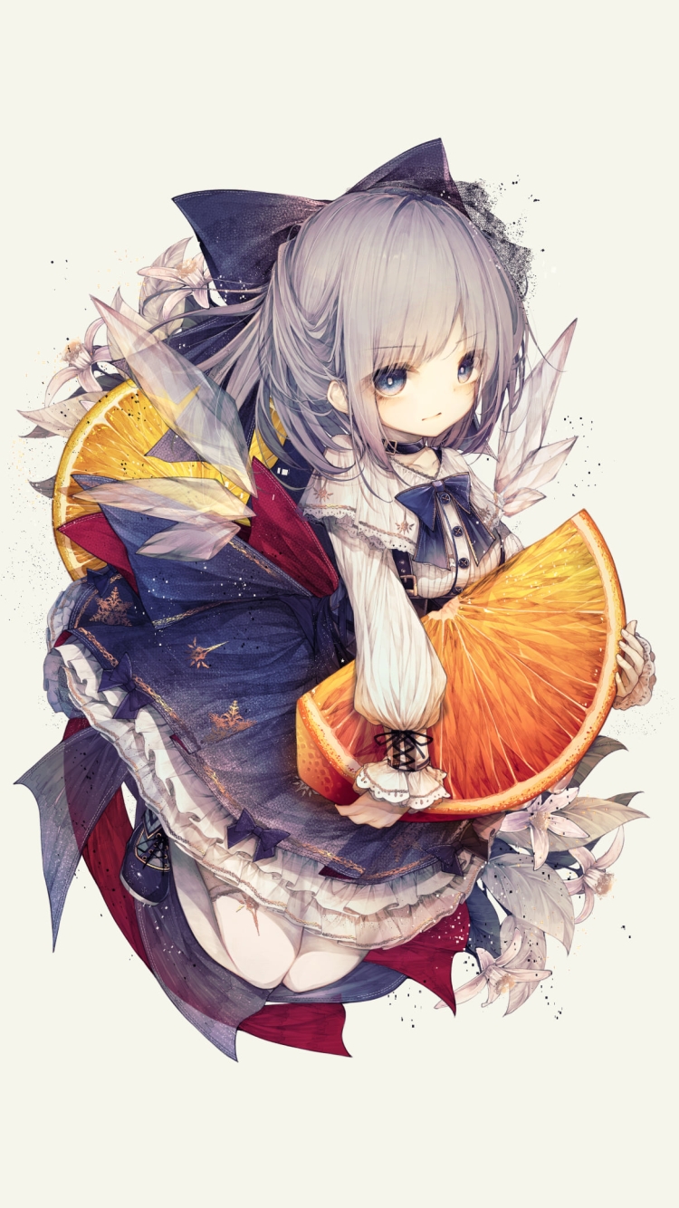 オレンジを持つ可愛いチルノ / 東方の750 x 1334 / スマホ壁紙