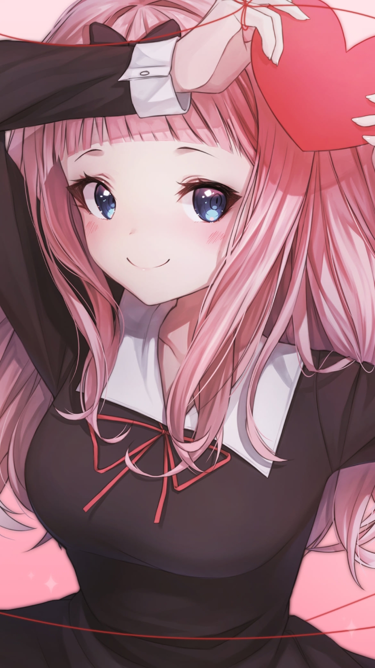 赤いハートを掲げる可愛い藤原千花 / かぐや様は告らせたい~天才たちの恋愛頭脳戦~の750 x 1334 / スマホ壁紙