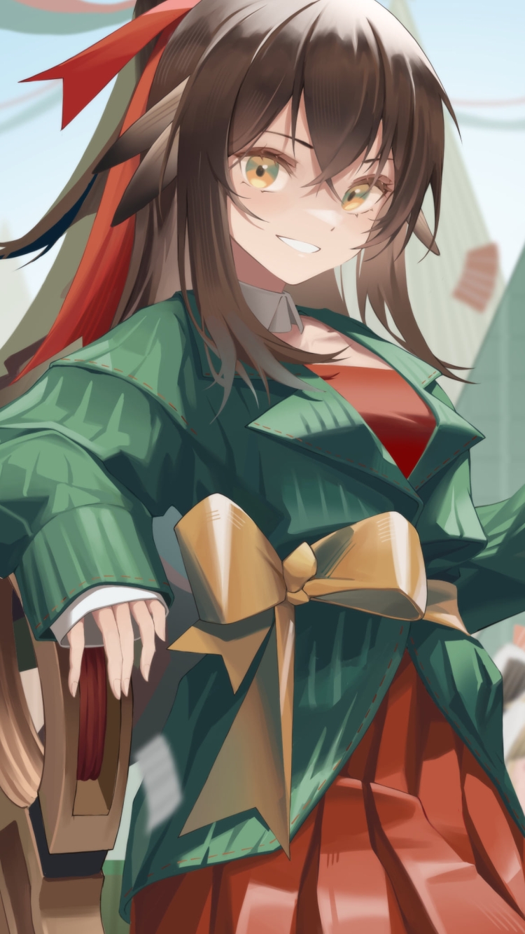 リンゴを持ち笑うカフカ / アークナイツの750 x 1334 / スマホ壁紙