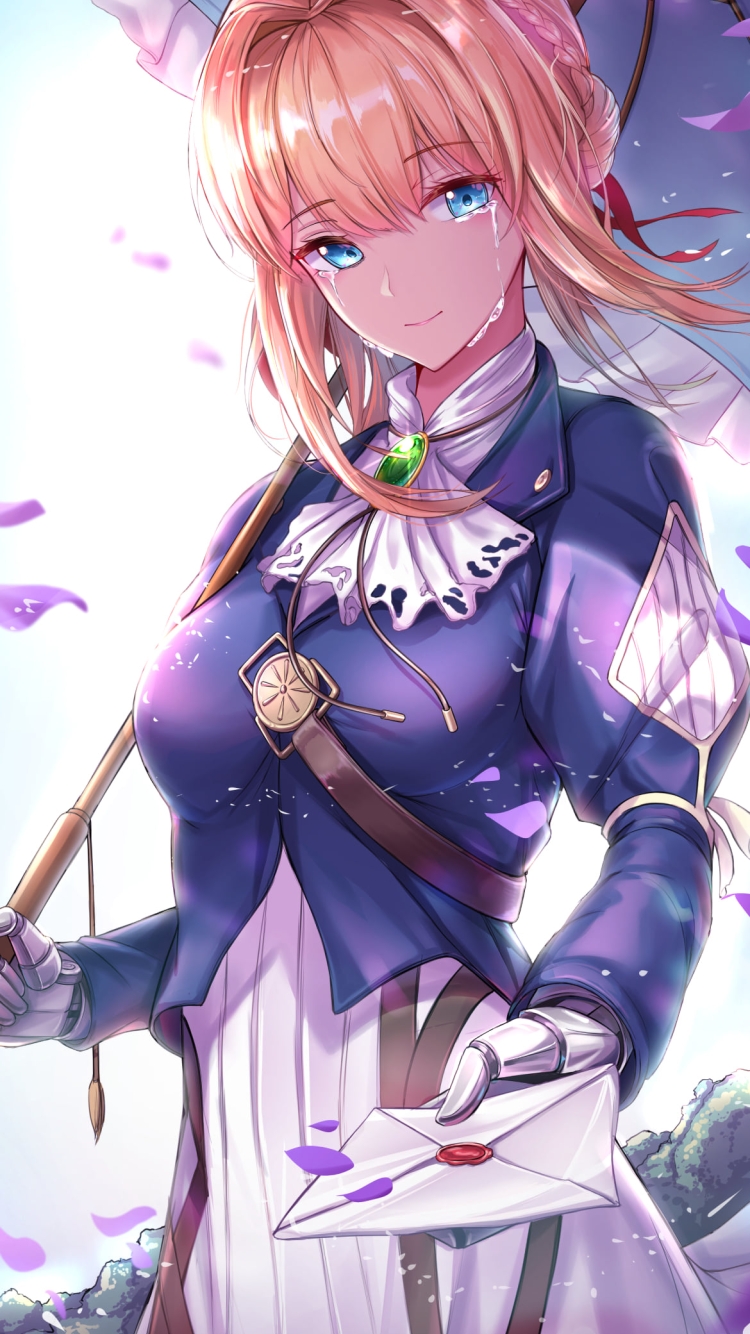 花びら舞う中で泣きながら手紙を差し出すヴァイオレット・エヴァーガーデンの750 x 1334 / スマホ壁紙
