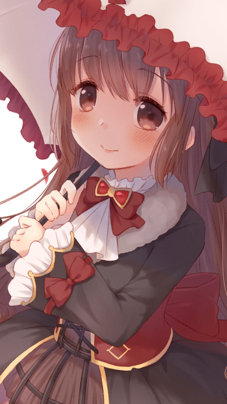 赤いリボンのついた日傘をさした可愛い里見灯花 / 魔法少女まどか☆マギカの750 x 1334 / スマホ壁紙