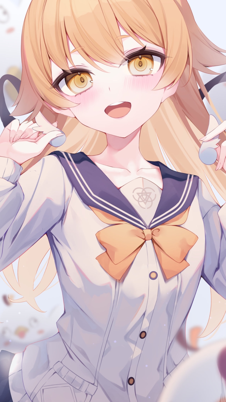 笑顔の阿慈谷ヒフミ / ペロロ様 / セーラー服 / 黄色いリボン / ブルアカ / ブルーアーカイブの750 x 1334 / スマホ壁紙