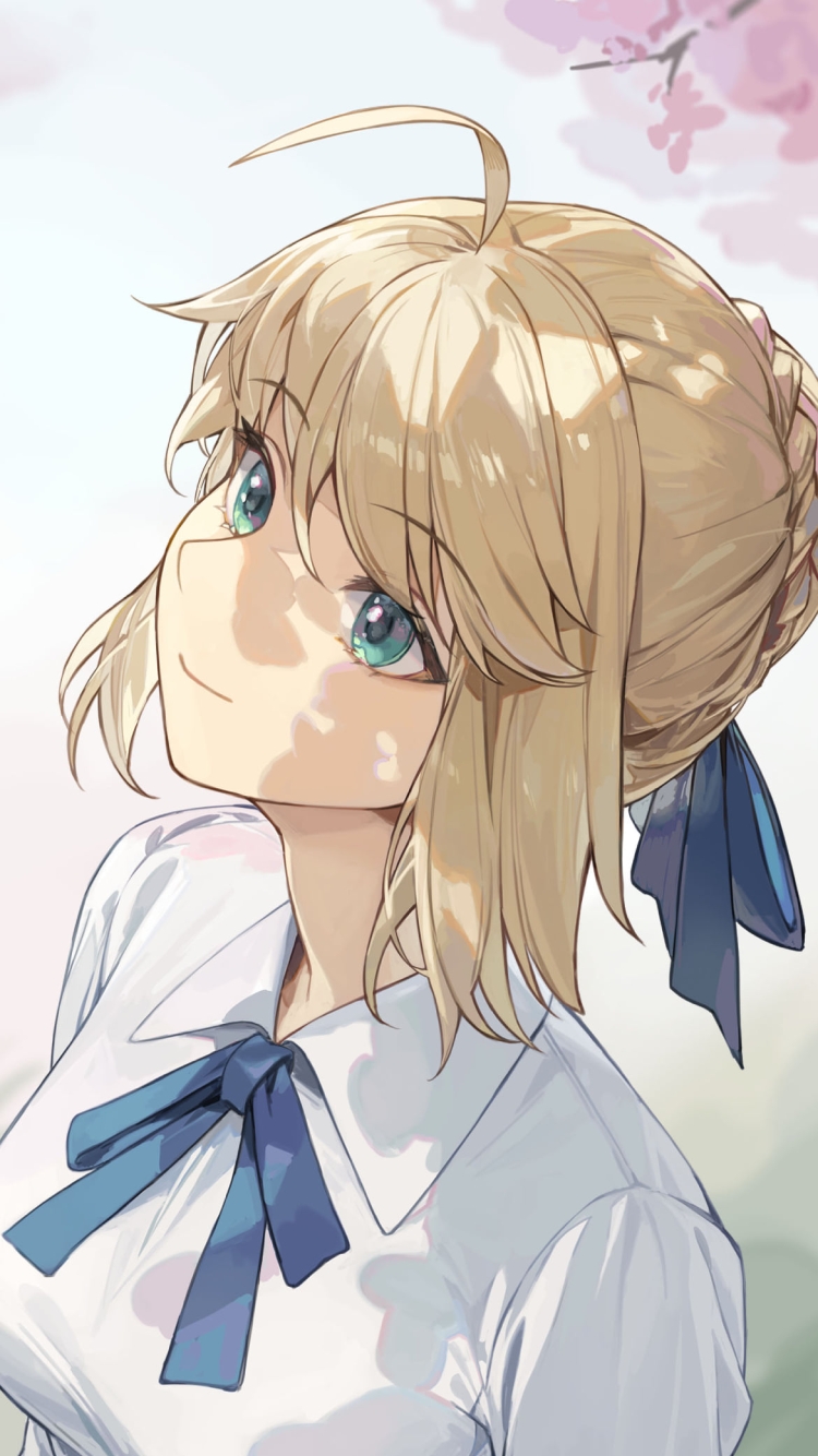 ピンクの桜を見上げる可愛いアルトリア・ペンドラゴン / セイバー / Fate/grand orderの750 x 1334 / スマホ壁紙