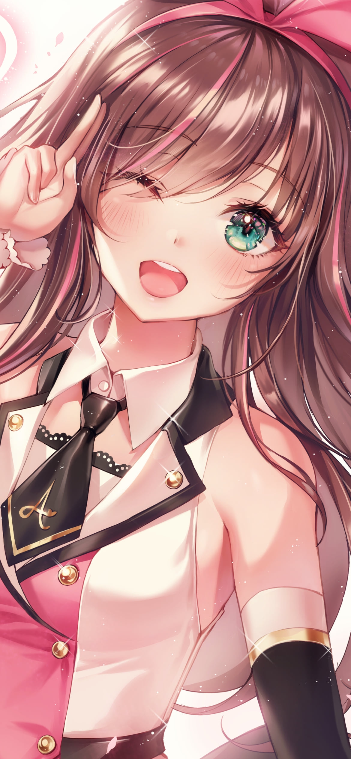 閉じたピースをしながらウィンクをする可愛いキズナアイ / バーチャルYouTuber / Vtuberの1170 x 2532 / スマホ壁紙