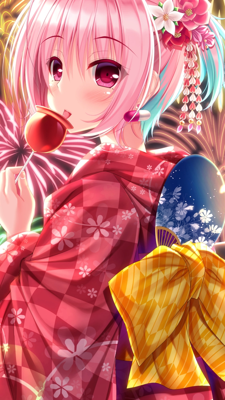 リンゴ飴を食べながらこちらを振り返る赤い着物を着た夢見りあむ / 花火 / 夏 / 青いうちわ / アイドルマスターシンデレラガールズの750 x 1334 / スマホ壁紙