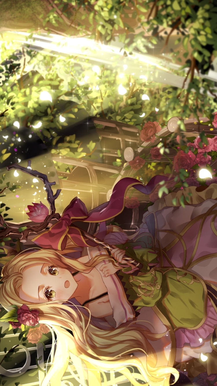 ピンクの花と緑の草木に囲まれた可愛いニーナ / キャラコンRPG / テリアサーガの750 x 1334 / スマホ壁紙