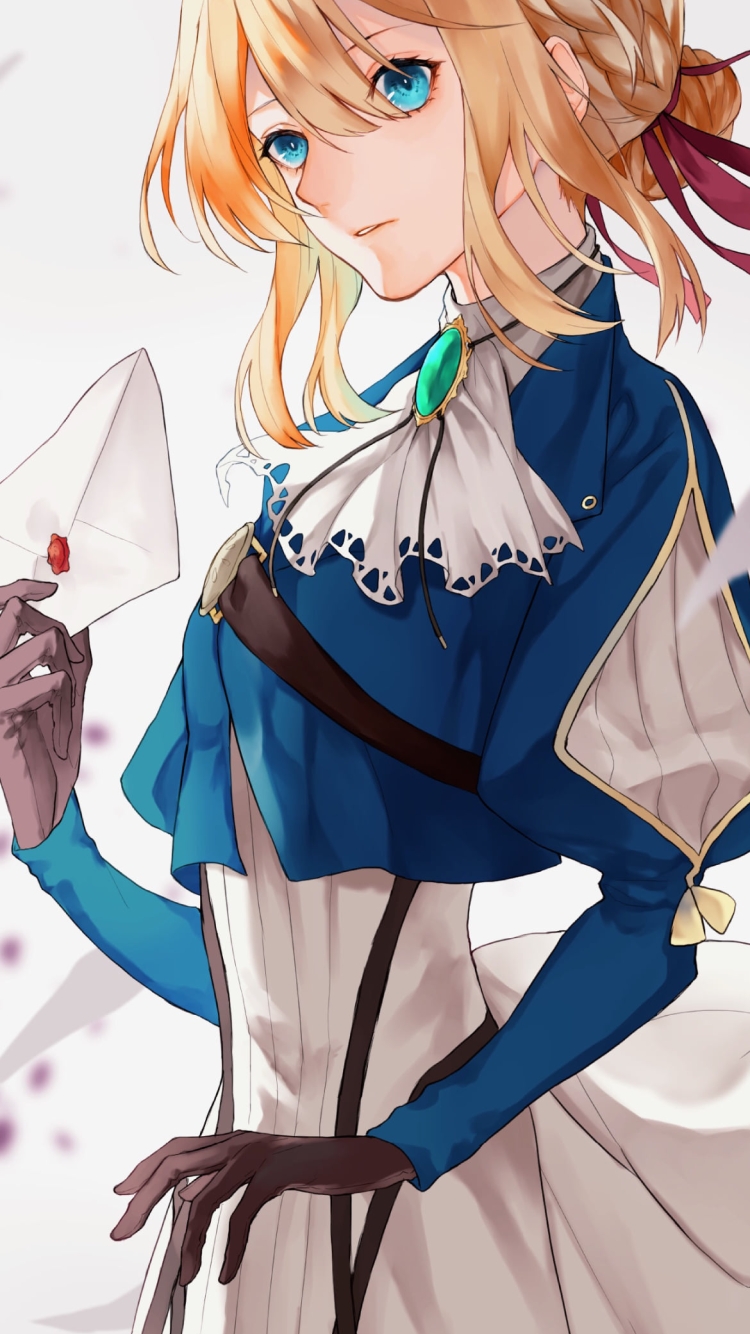 花びら舞う中で封がしたﾋ便箋を持つ綺麗なヴァイオレット・エヴァーガーデンの750 x 1334 / スマホ壁紙