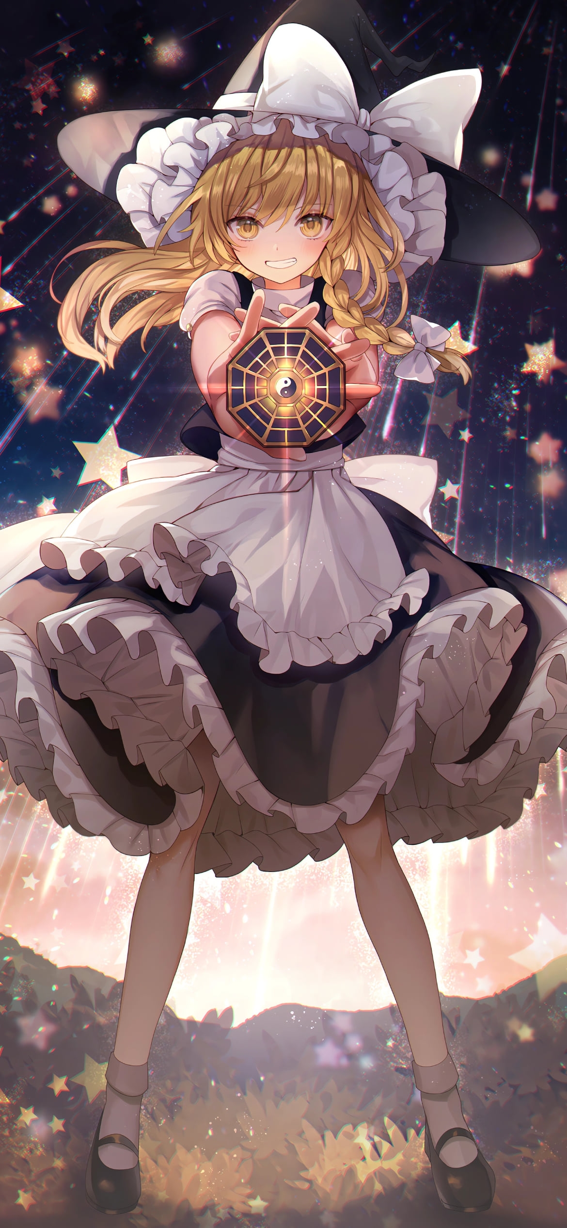降り注ぐ無数の星と笑顔の霧雨魔理沙 / 東方の1170 x 2532 / スマホ壁紙