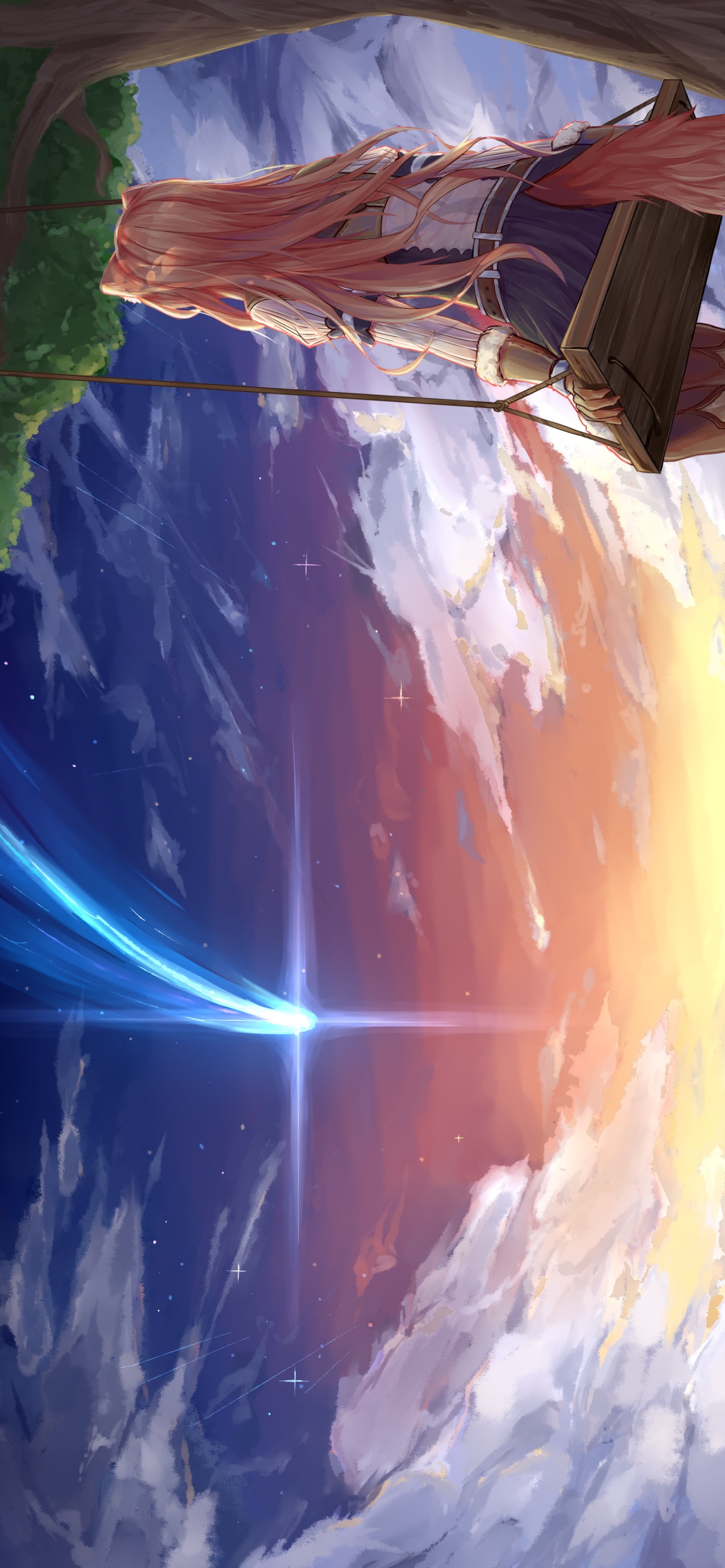 木のブランコに乗り流れ星を見るラフタリアの後ろ姿 / 盾の勇者の成り上がりの1170 x 2532 / スマホ壁紙