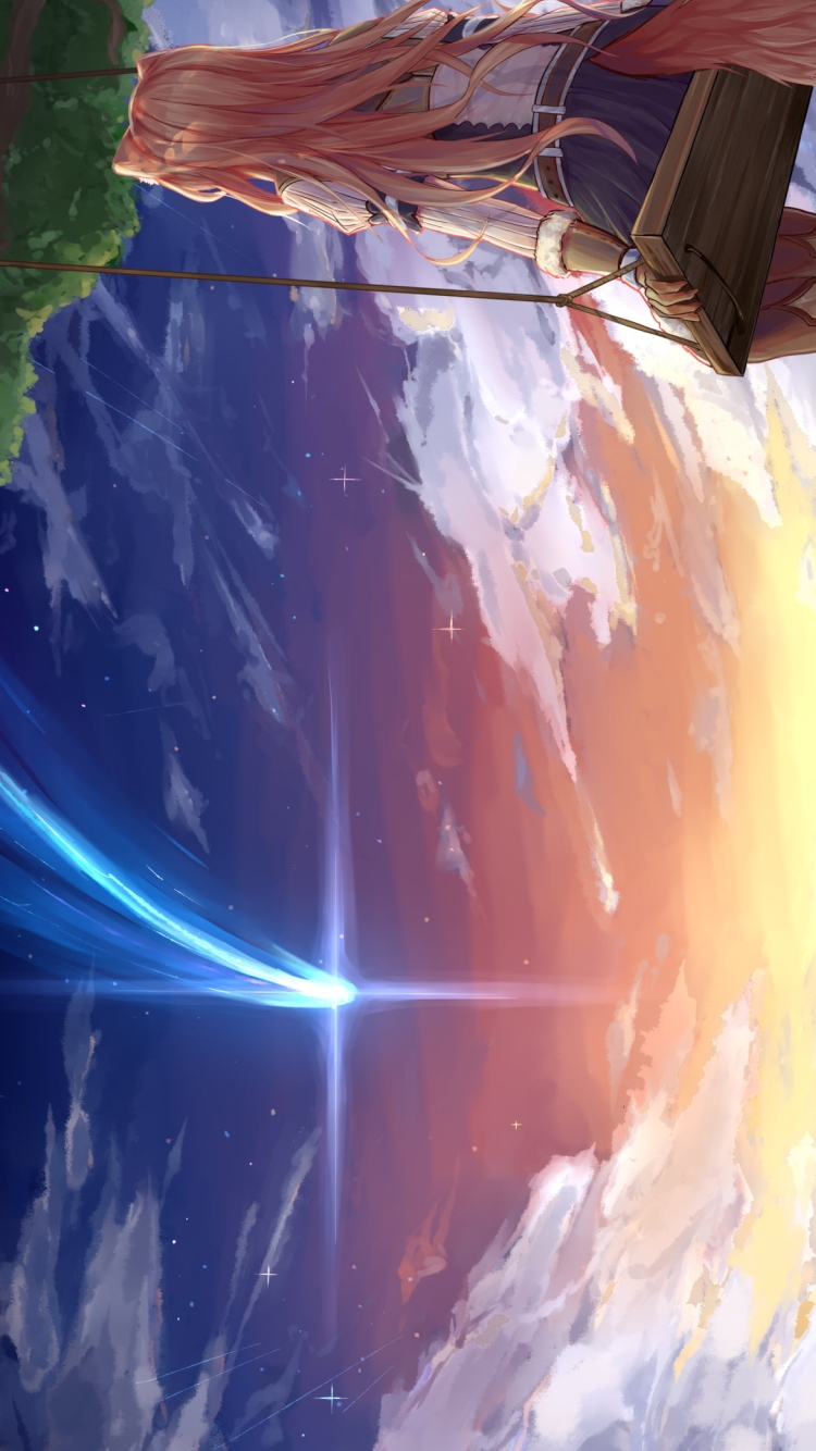 木のブランコに乗り流れ星を見るラフタリアの後ろ姿 / 盾の勇者の成り上がりの750 x 1334 / スマホ壁紙