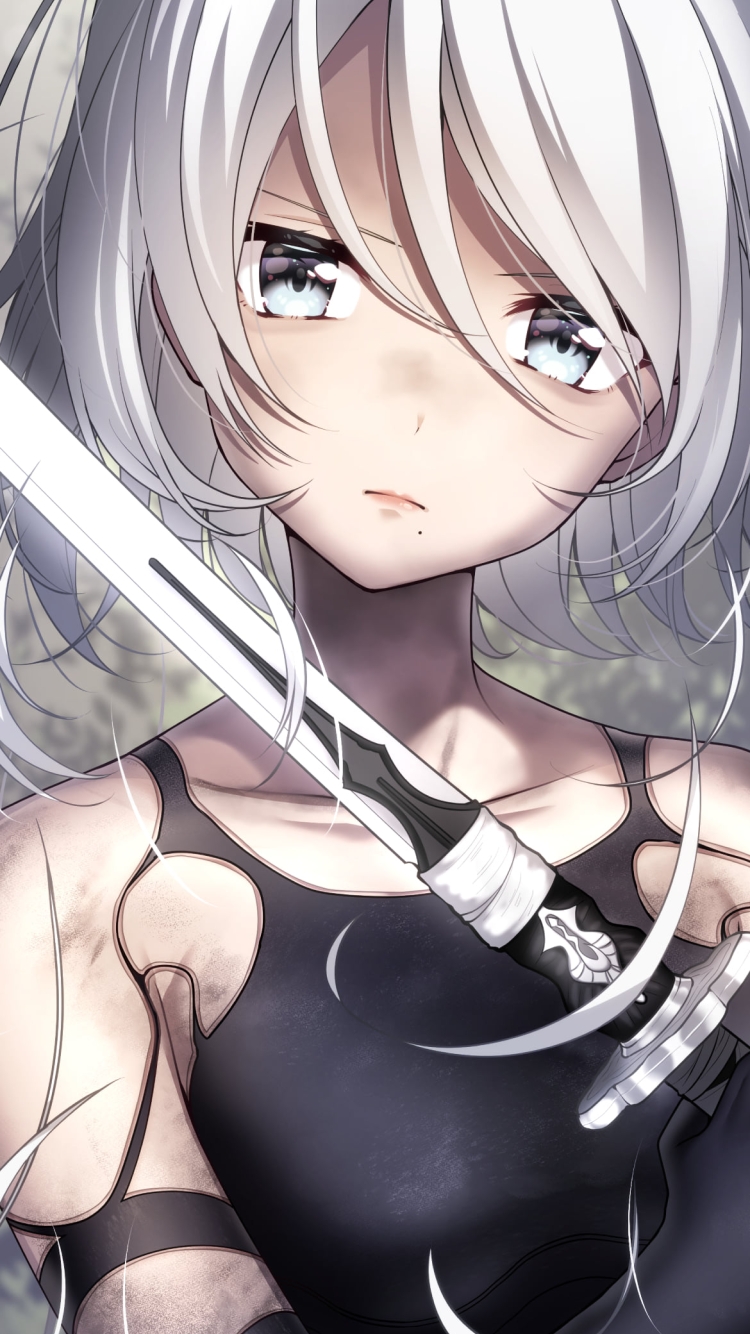 長い剣で自分の髪を切る可愛いヨルハA型二号 / ヨルハA2 / NieR:Automata（ニーアオートマタ）の750 x 1334 / スマホ壁紙