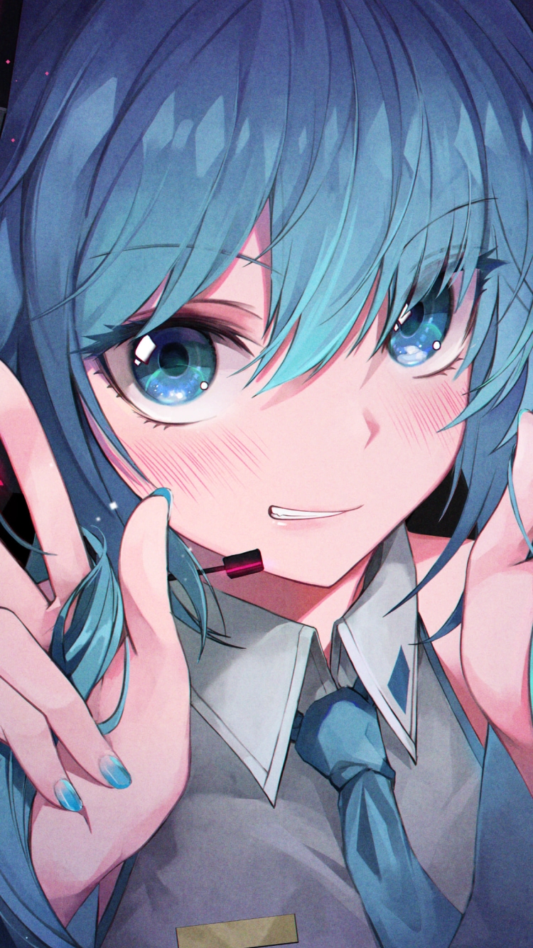 両方の髪を持つ笑顔の初音ミク / ヘッドセット / ボカロ / ボーカロイドの750 x 1334 / スマホ壁紙