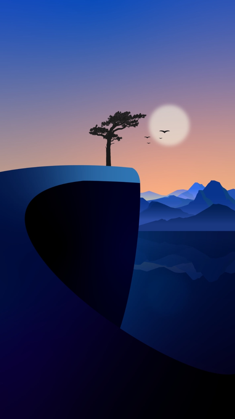 断崖に立つ木と渡り鳥 / 満月の750 x 1334 / スマホ壁紙