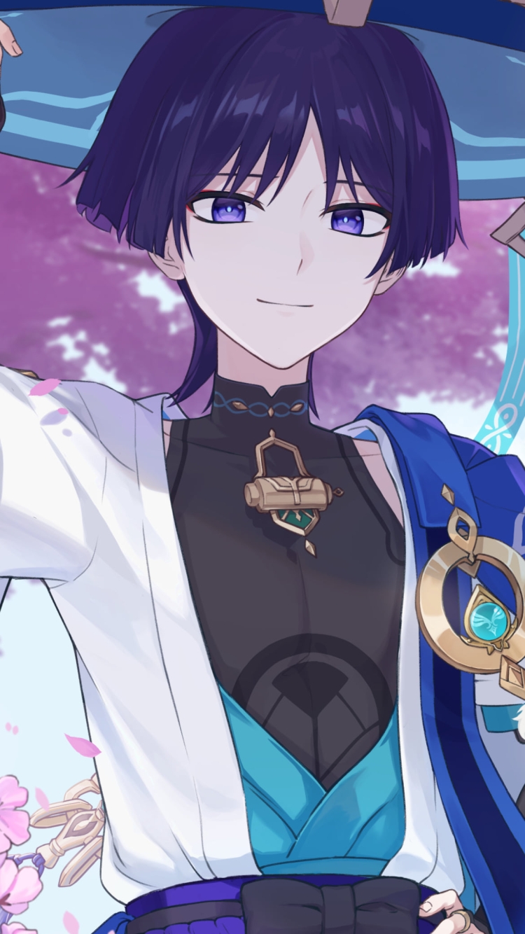 桜の花と笠に手をかける笑顔のスカラマシュ / 放浪者 / 原神の750 x 1334 / スマホ壁紙