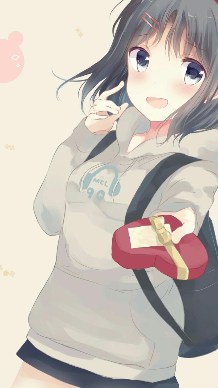 赤いハートのプレゼントを差し出す可愛い奥沢美咲 / バンドリ！の750 x 1334 / スマホ壁紙