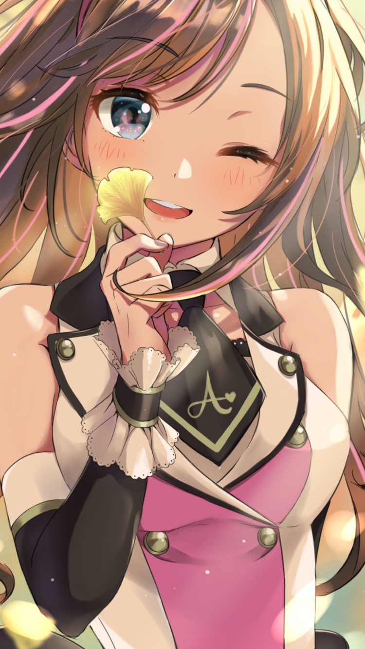 銀杏の葉を持ちウィンクするキズナアイ / バーチャルYouTuberの750 x 1334 / スマホ壁紙