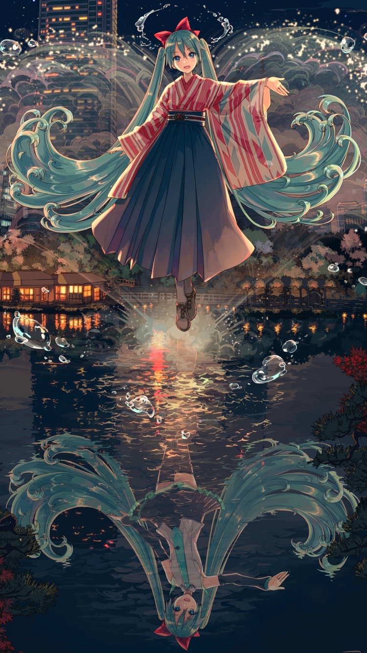 袴を着た宙を浮く初音ミク / 夜のビル群 / ボカロ / ボーカロイドの750 x 1334 / スマホ壁紙