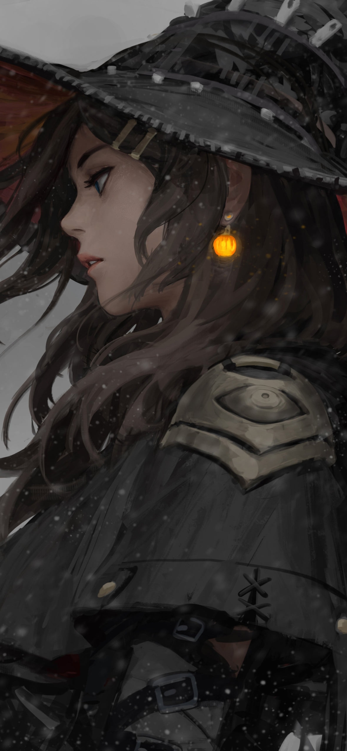 オレンジのイヤリングをつけた魔女の横顔の1170 x 2532 / スマホ壁紙
