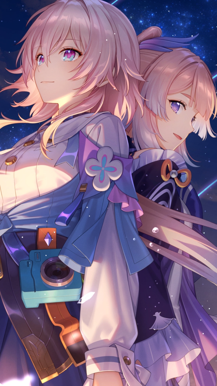 背中合わせで立つ珊瑚宮心海と三月七 / 崩壊:スターレイル / 原神の750 x 1334 / スマホ壁紙