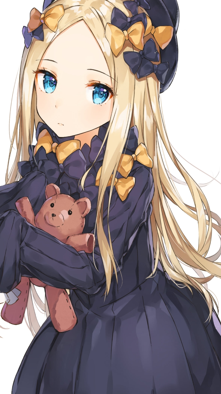 クマのぬいぐるみを持ちこちらを見つめる青い瞳のアビゲイル・ウィリアムズ / Fate/grand orderの750 x 1334 / スマホ壁紙